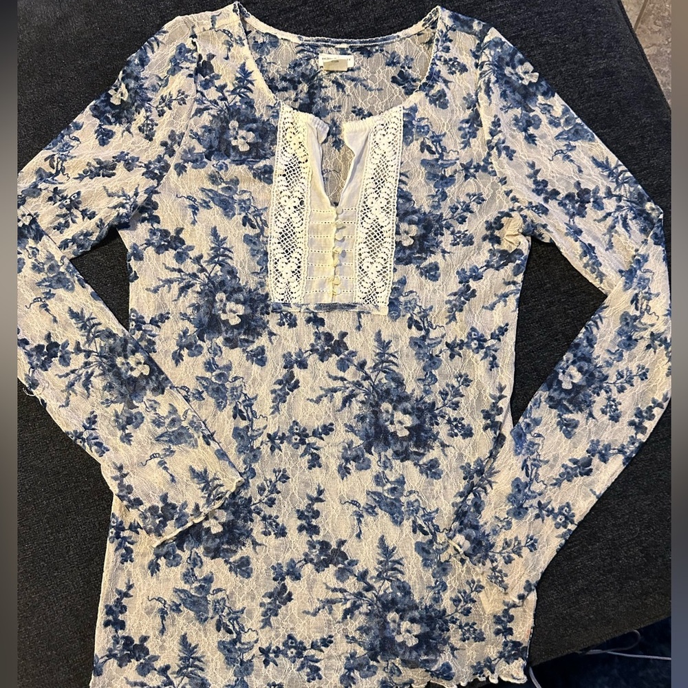 Ralph Lauren 8001 Denim & Supply Blue Floral Lace Stretch Knit Henley Top XL - Picture 1 of 5
